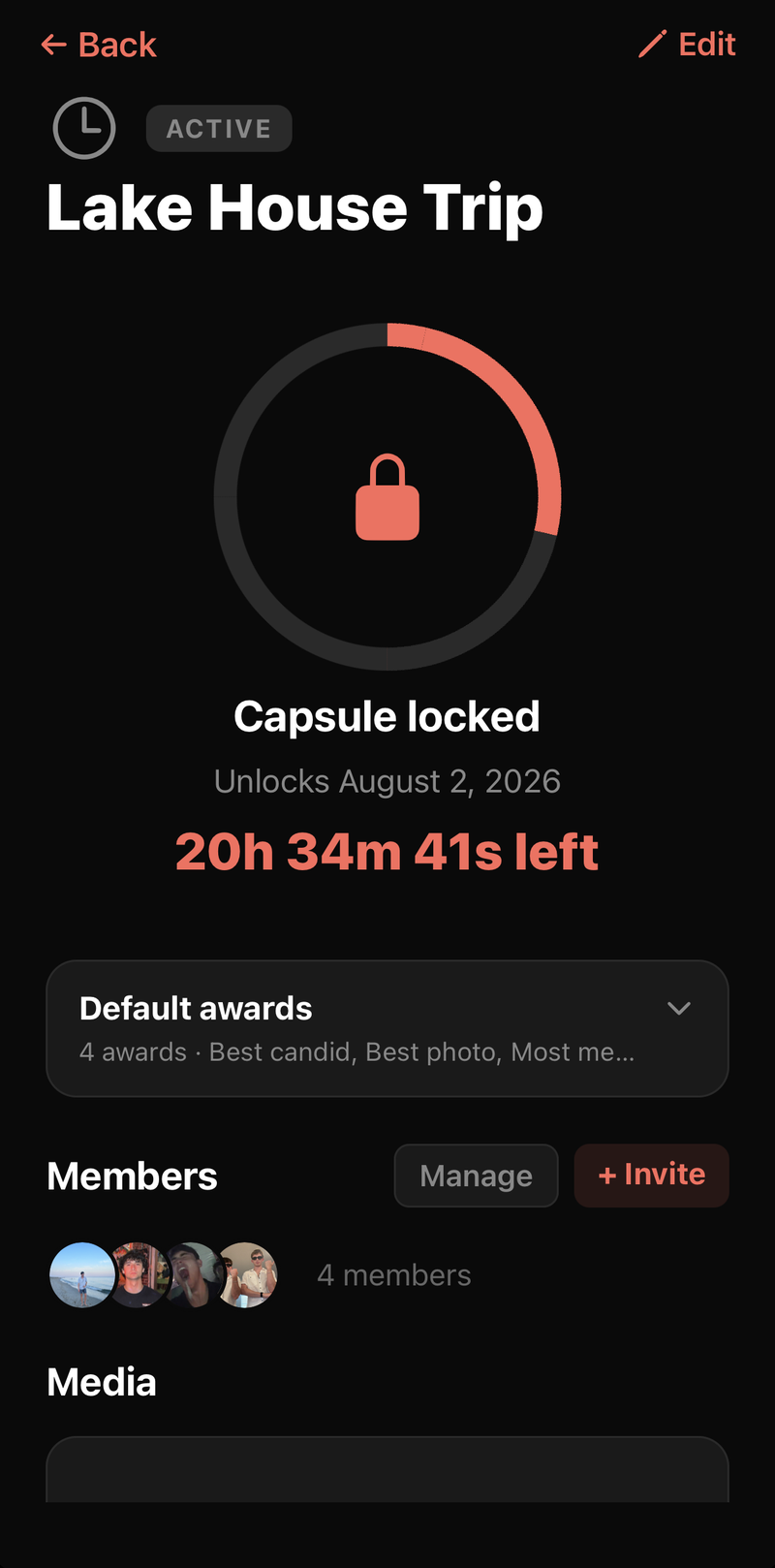 Lake House Trip capsule, locked, with a countdown ring reading 20h 34m 41s left and unlocking August 2 2026, above a collapsed Default awards row and four members