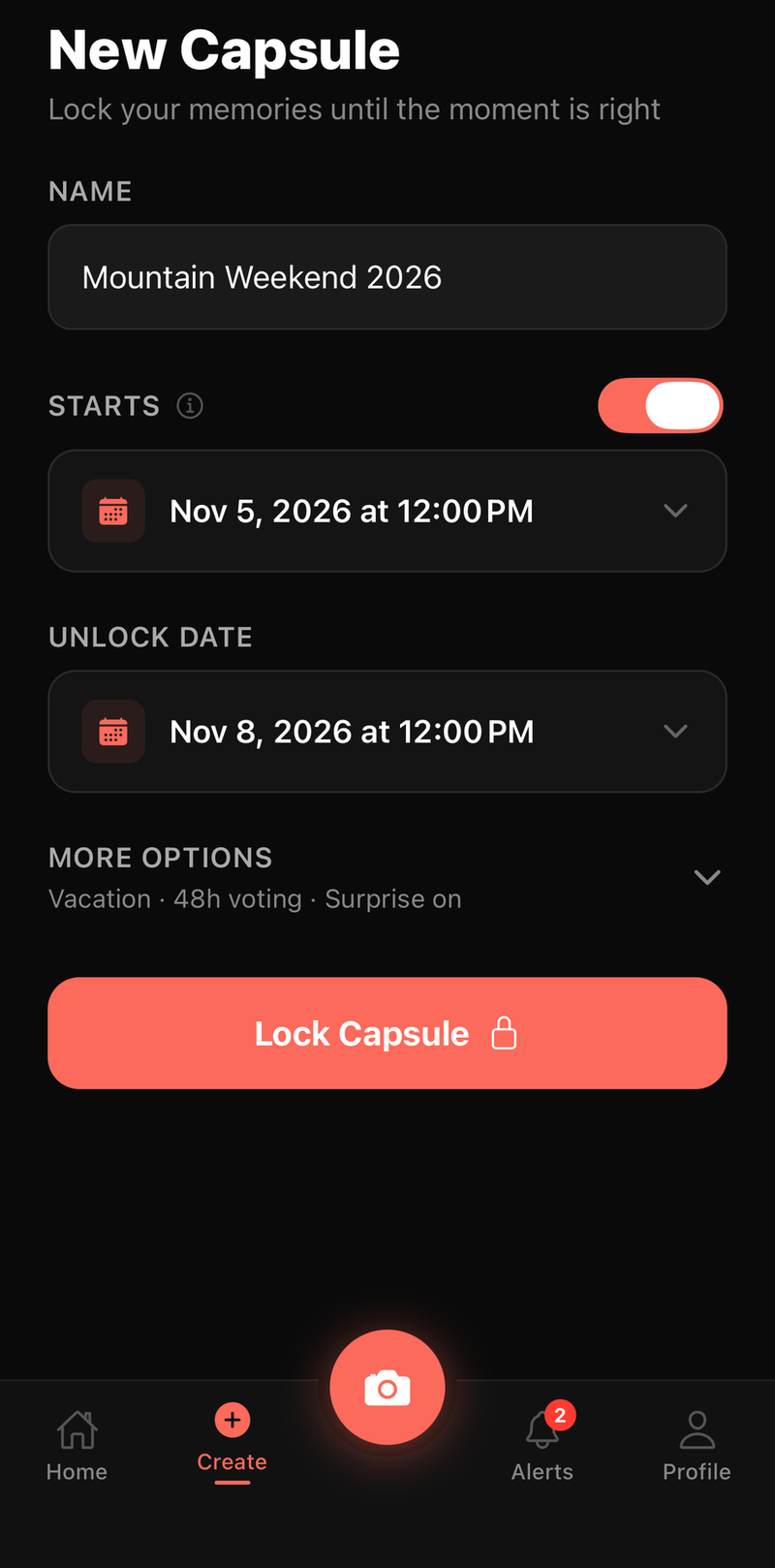 New Capsule screen: Mountain Weekend 2026, starting Nov 5 2026, unlocking Nov 8 2026, with vacation occasion, 48-hour voting, and surprise mode on
