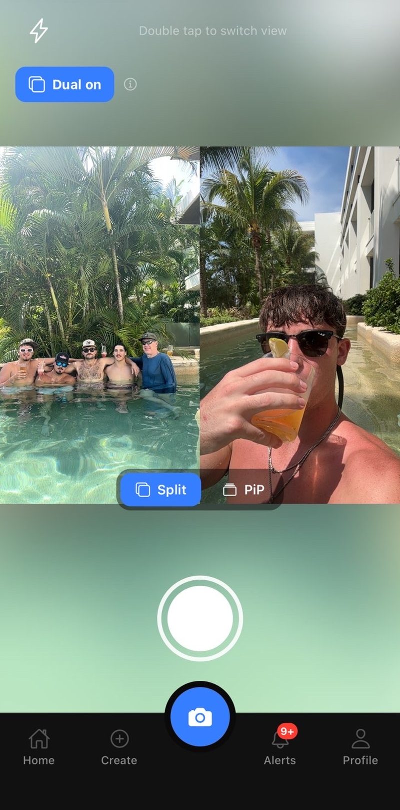 Dual camera in split layout — the back lens showing five friends in a resort pool beside the front lens selfie, with Split and PiP layout options and a Dual on badge