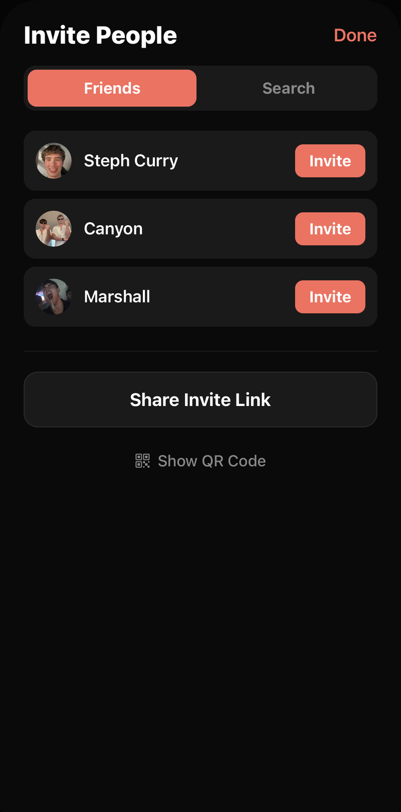 Invite People sheet on the Friends tab, listing three friends each with an Invite button, above Share Invite Link and Show QR Code options