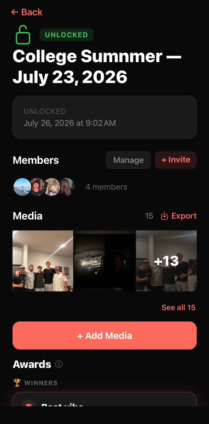 Unlocked College Summer capsule showing a 4-photo media grid of 15 total photos, 4 members, and the Awards winners list beginning below