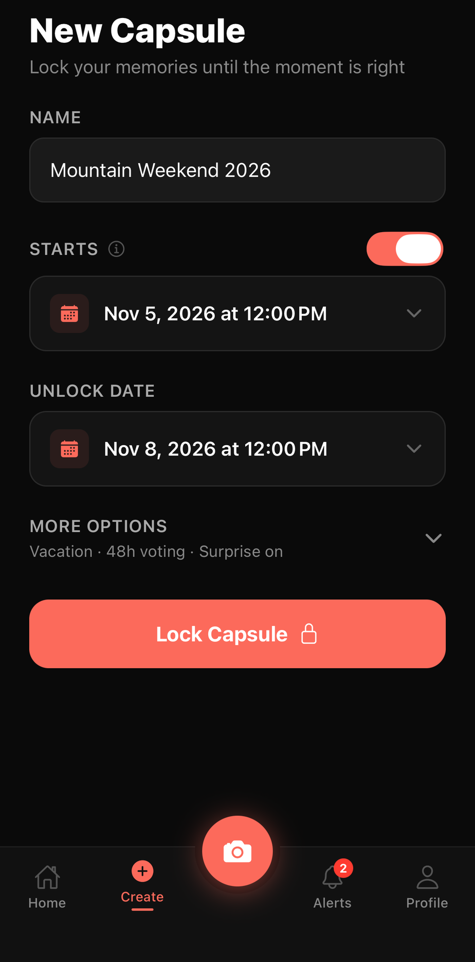 New Capsule screen: Mountain Weekend 2026, starting Nov 5 2026, unlocking Nov 8 2026, with vacation occasion, 48-hour voting, and surprise mode on