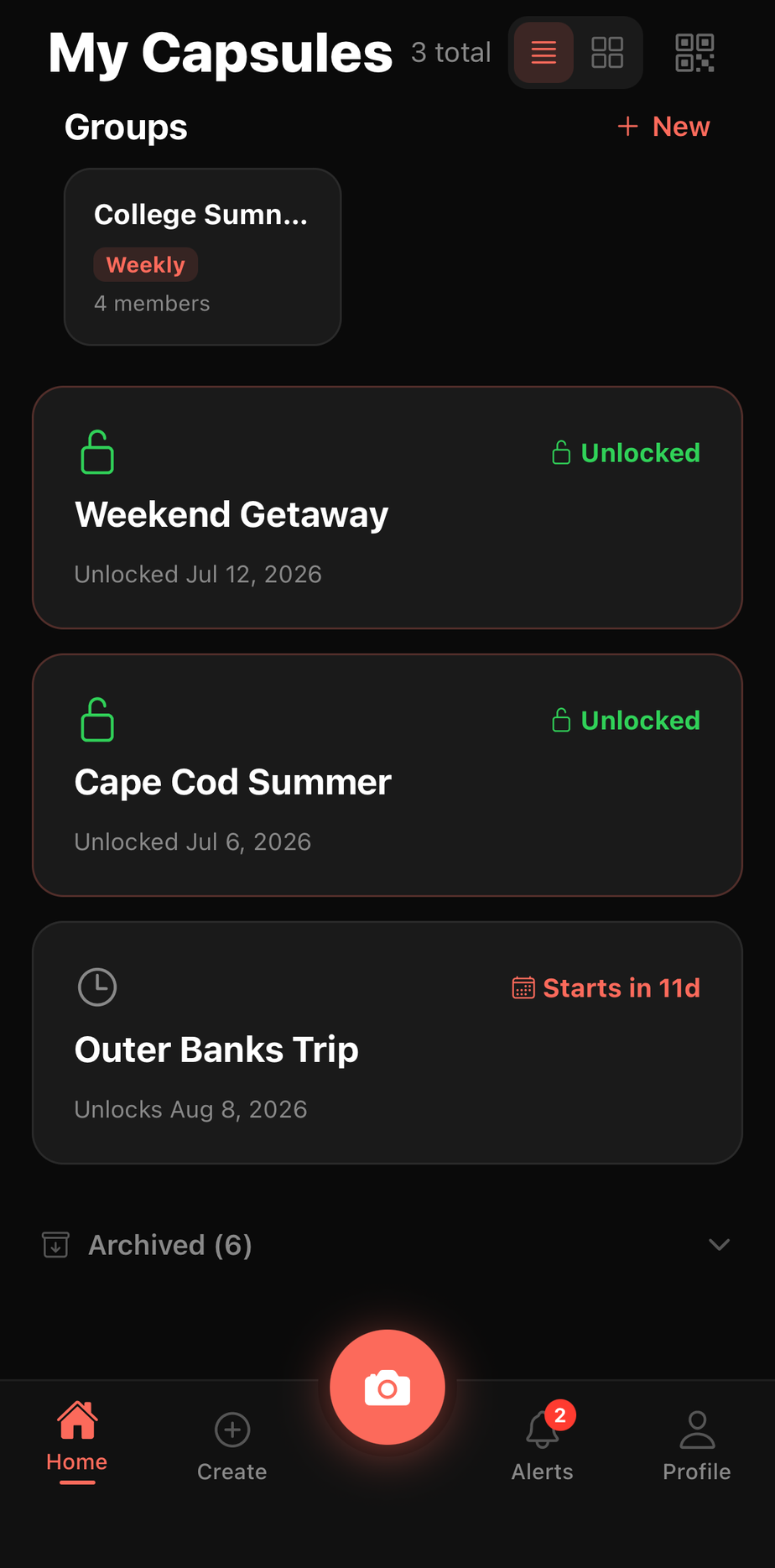 Home screen showing My Capsules with three capsules — Weekend Getaway and Cape Cod Summer unlocked, Outer Banks Trip starting in 11 days — plus a College Summer group
